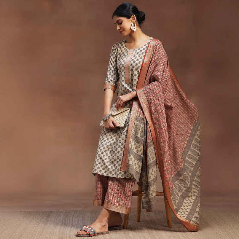 Libas Printed Cotton Straight Suit With Dupatta | 36671OH | Beige - L