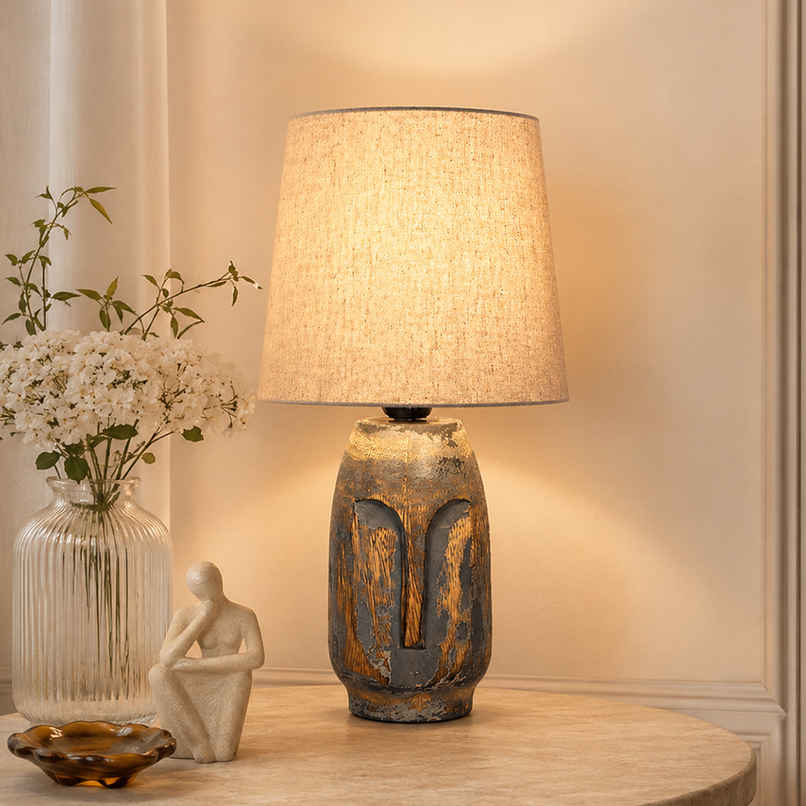 Homesake Small Retro Teardrop Table Lamp | Wood Grain Farmhouse | Bedroom & Living Room | Gray
