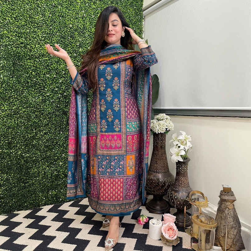 GoSriKi Women's Rayon Blend Straight Printed Kurta with Pant & Dupatta | SULA | Multi - XL