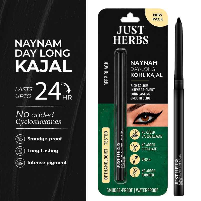 Just Herbs Naynam Day Long Kohl Kajal Smudge-Proof Sweet Almond Oil & Vitamin E (Deep Black)