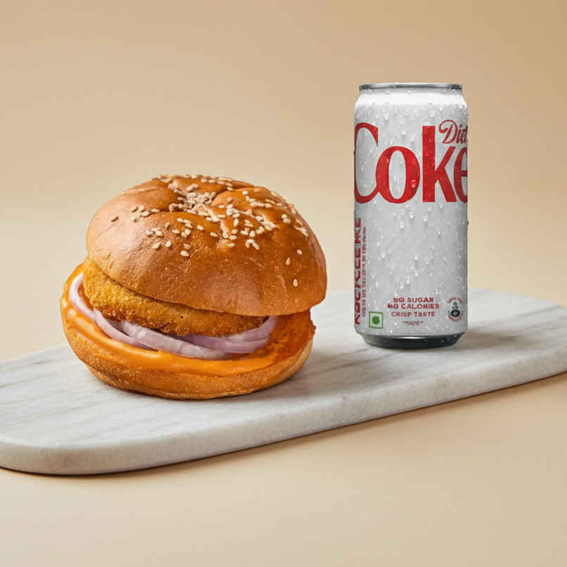 Chicken Classic Burger (1pc) & Coca-Cola Diet Coke Soft Drink Can | Low-Calorie & Fizzy (300ml) Combo 