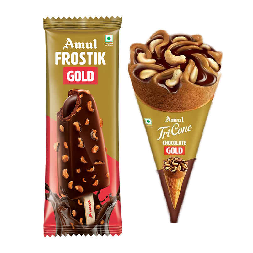 Amul Gold Tricone Chocolate Ice Cream Cone (120ml) & Amul Gold Frostik Ice Cream Stick (70ml) Combo