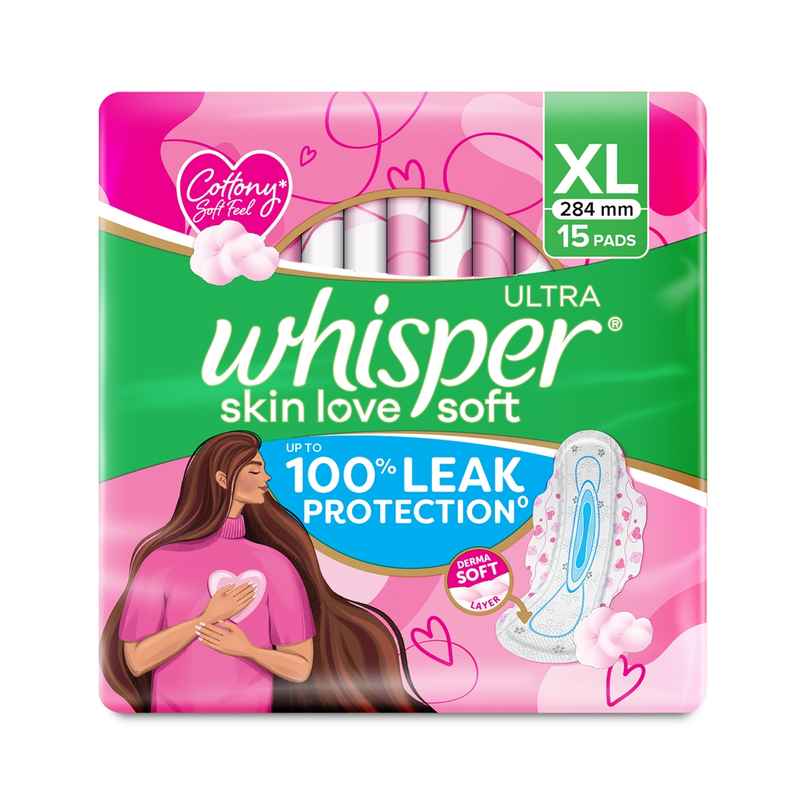 Whisper Ultra Skin Love Soft Sanitary Pads for Women, XL 15 Napkins