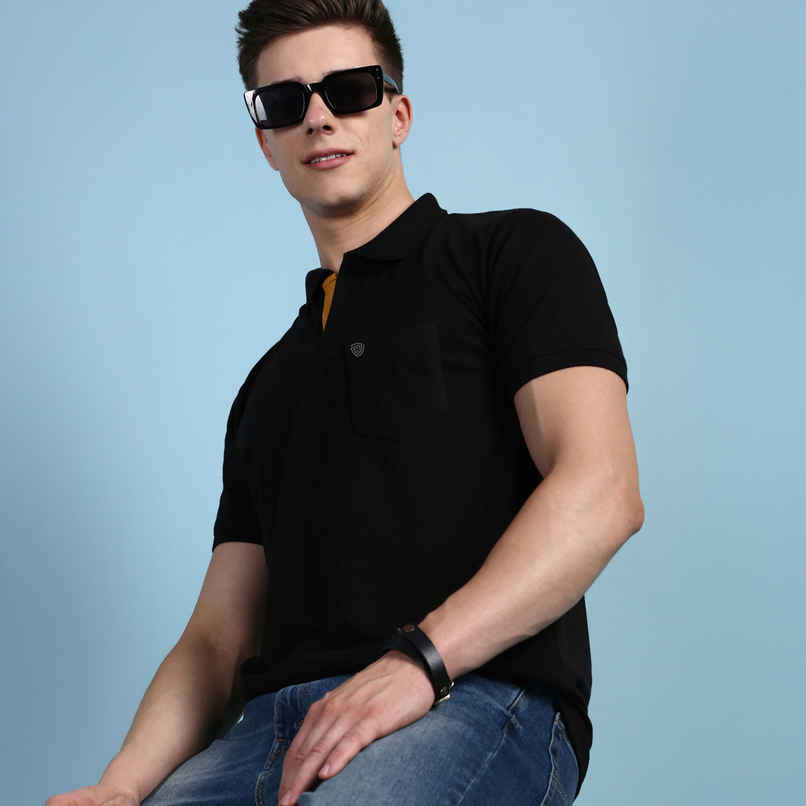 Lux Cozi Men's Solid Cotton Polo T-shirt with Pocket | Black - XL