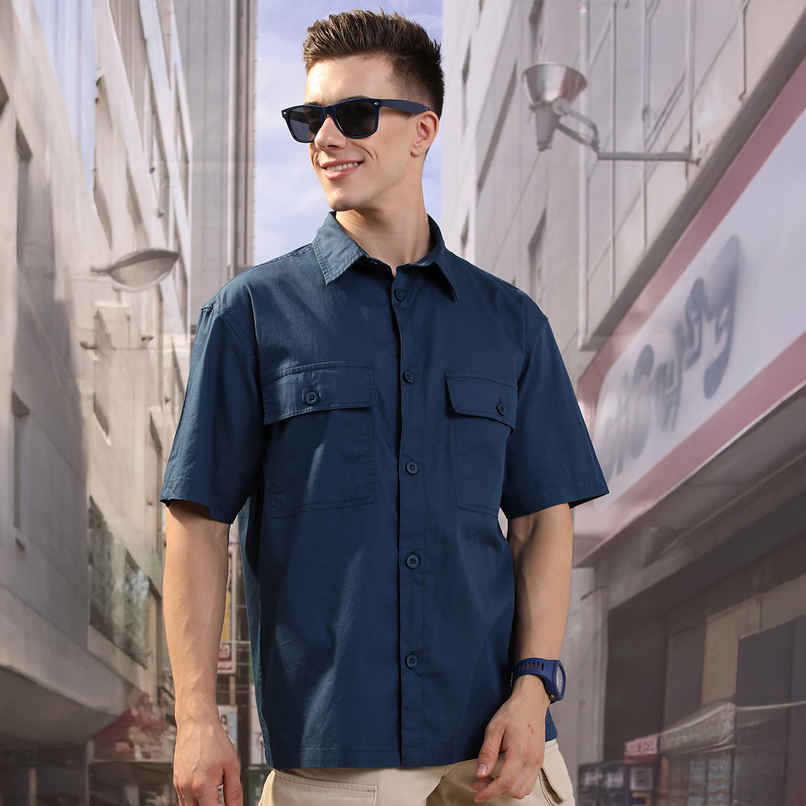 HIGHLANDER Men's Blue Drop Shoulder Boxy Oversized Fit Shirt | Blue - S