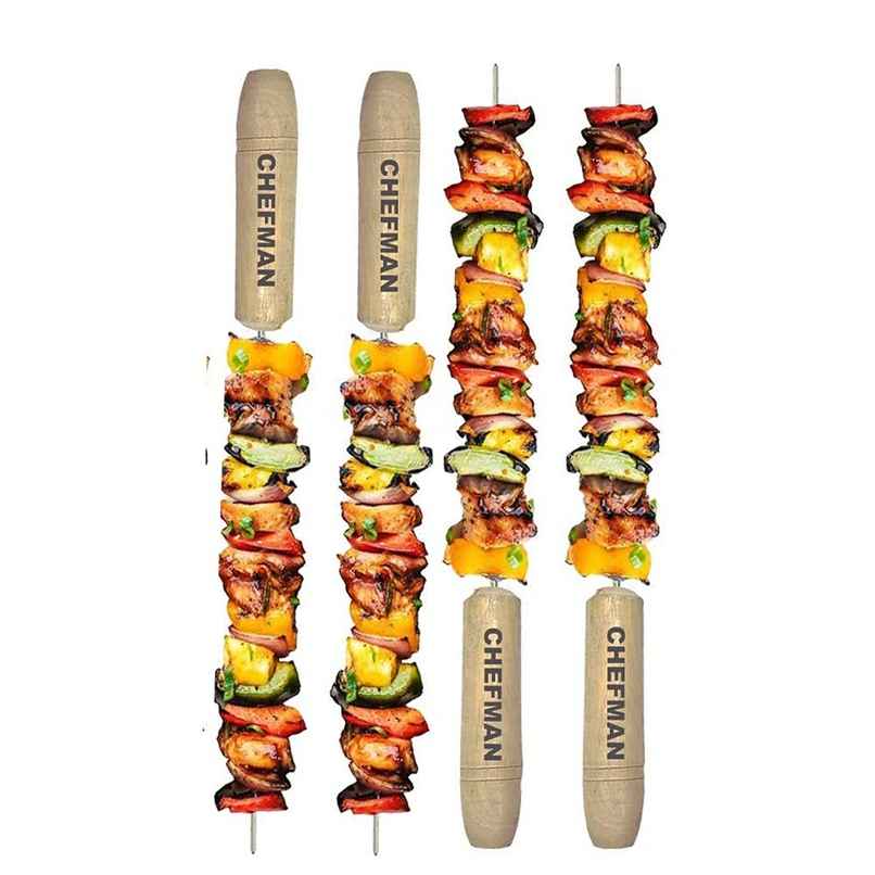 Chefman Skewers | Stainless Steel BBQ Sticks with Wooden Handles | Reusable Set of 4 for Grilling