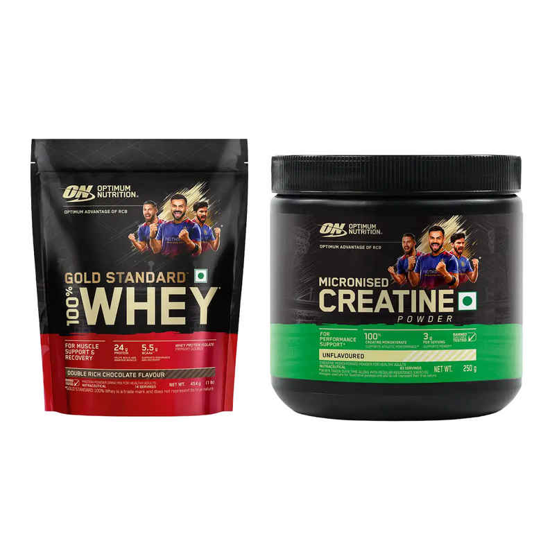 Optimum Nutrition (On) Pure Whey Gold Standard Powder Double Rich Chocolate1 Lb (454g) & Optimum Nutrition Micronised Creatine Powder Unflavored (250g) Combo Optimum Nutrition (On) Pure Whey Gold Standard Powder Double Rich Chocolate1 Lb (454g) & Optimum Nutrition Micronised Creatine Powder Unflavored (250g) Combo