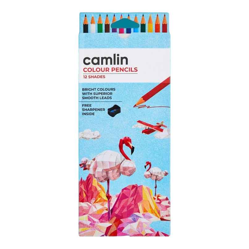 Camlin Colour Pencils Assorted Pack Of 12 Shades With Sharpener, Full Size