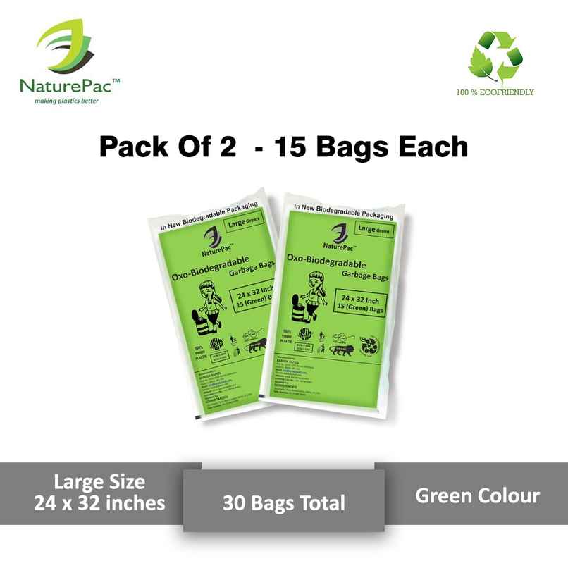 Naturepac Garbage Bag | Large | Green | Biodegradable | 24 x 32 inches | 30 pcs | Pack of 2 Naturepac Garbage Bag | Large | Green | Biodegradable | 24 x 32 inches | 30 pcs | Pack of 2