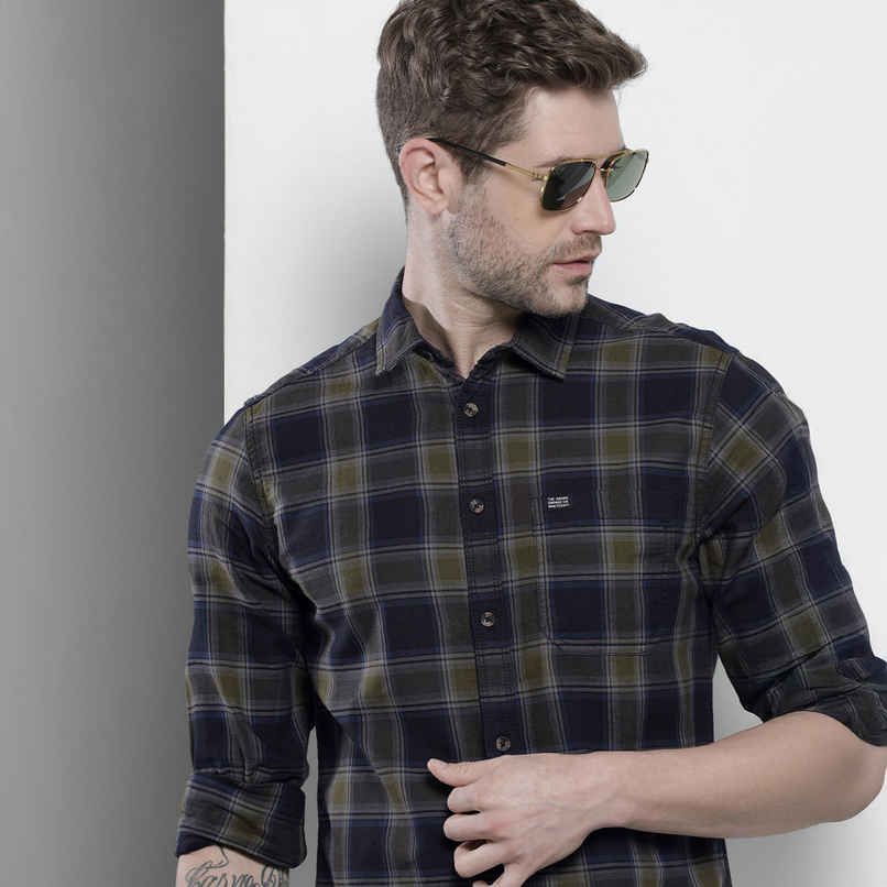 The Indian Garage Co Men's Slim Fit Checkered Casual Shirt | Navy Blue & Green - XL The Indian Garage Co Men's Slim Fit Checkered Casual Shirt | Navy Blue & Green - XL