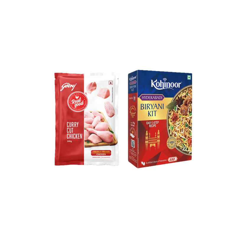 Godrej Chicken Curry Cut (Freshly Frozen) (500g) & Dawaat Biryani Kit Hyderabadi Ready To Cook (334g) Combo