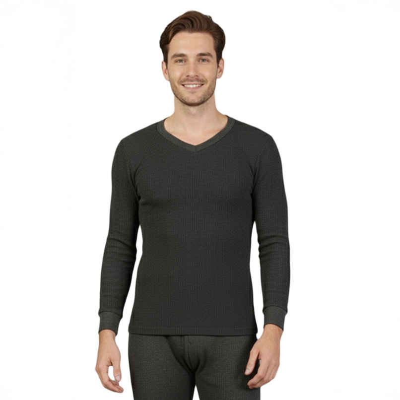 Lux Cozi Men's Heatek Thermal Comfort, Stretchable & Super Warm V-Neck Top | Black Melange-100