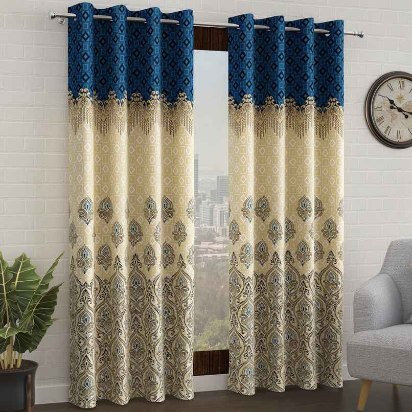 Story@Home 200 GSM Polyester Ethnic 2 Piece Door Curtain | Blue & Ivory
