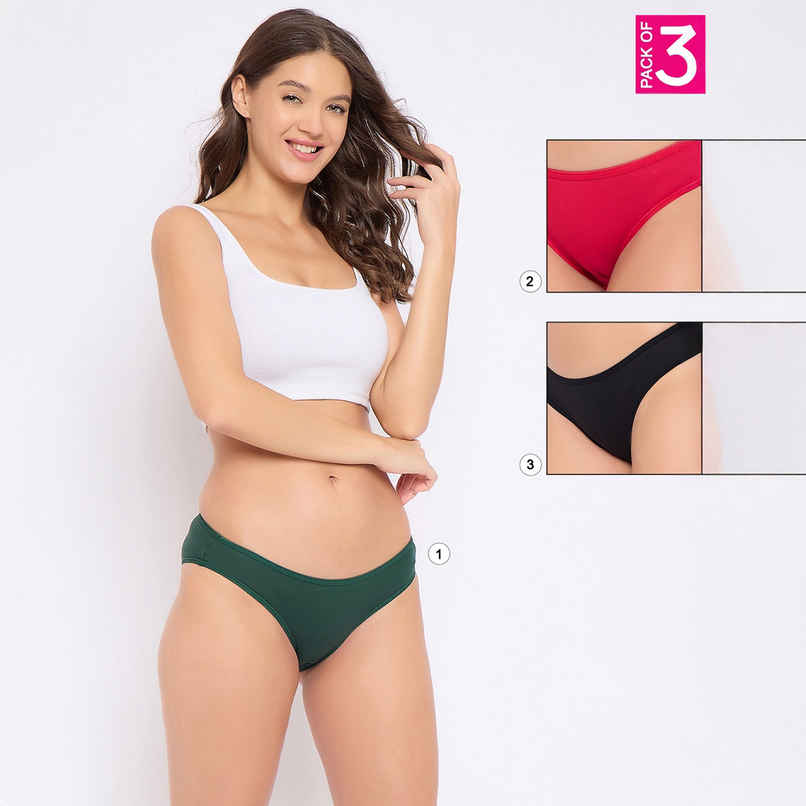 Clovia Cotton Pack Of 3 Spandex Low Waist Outer Elastic Bikini Panty | Red - Green - Black | S