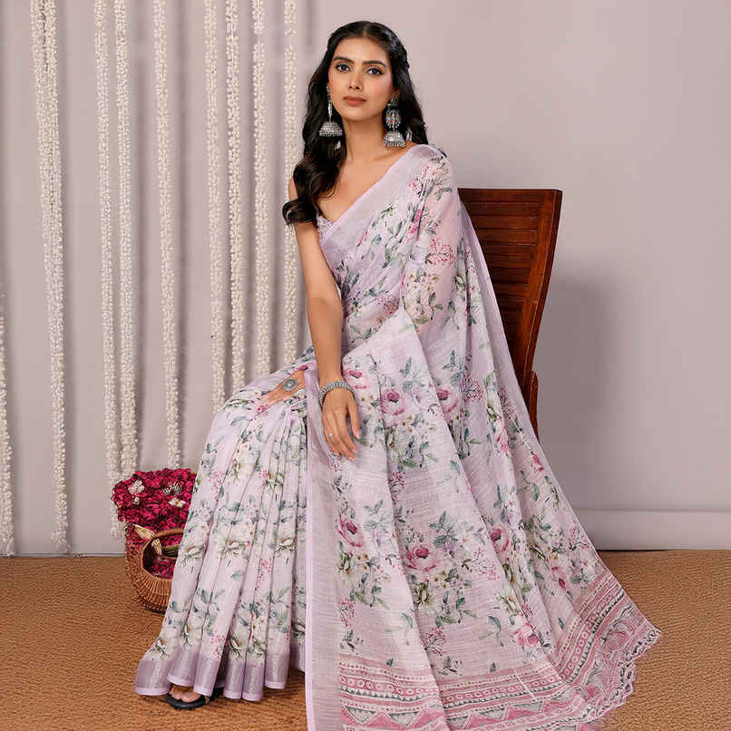 Janasya Women's Cotton Linen Floral Printed Saree with Blouse Piece | SAR445 | Lavender