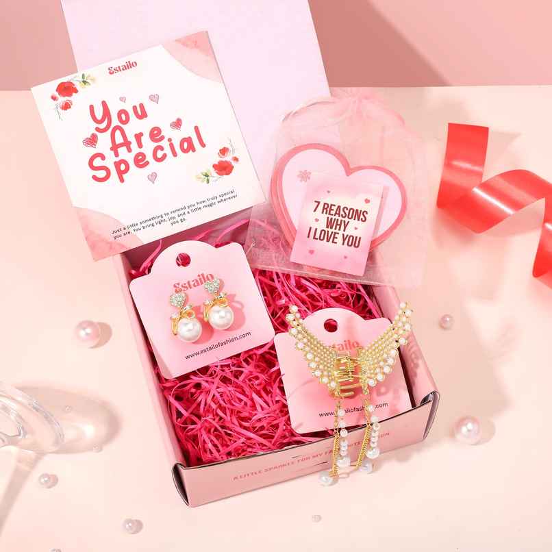 Estailo Fashion Women's Pearl Earrings Gift Combo with Hair Clip | Women's Day