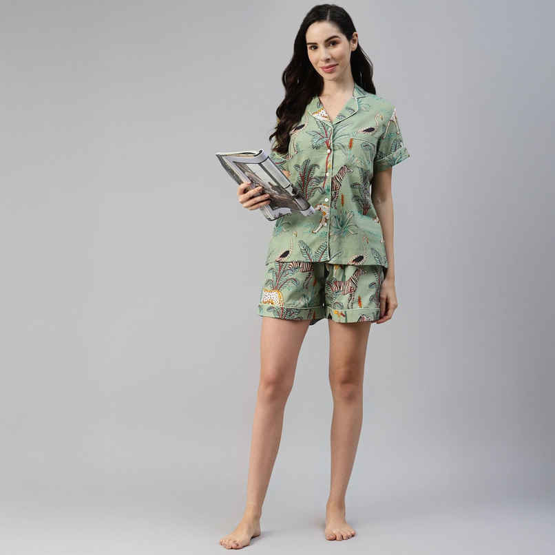 Divena Women s Sea Green Cotton Animal Print Night Suit | DK0217 | L