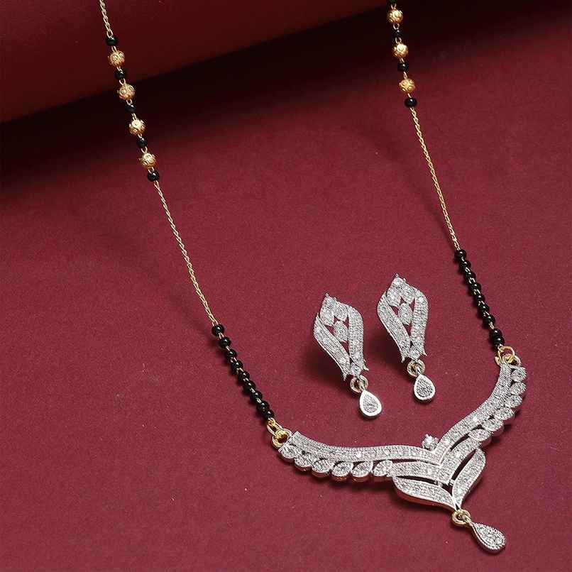 Zeneme Gold-Plated Black & White AD-Studded & Beaded Mangalsutra For Women