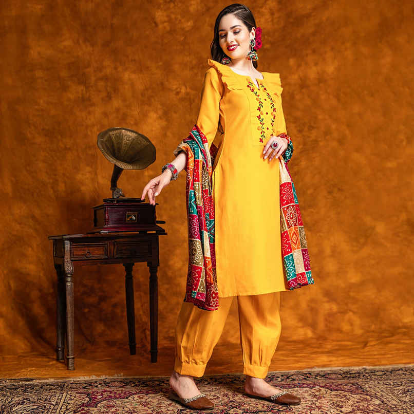 Youthnic Embroidered & Mirror Work Cotton Straight Kurta Dupatta Set | SKD44 - Sawan Mustard | XL