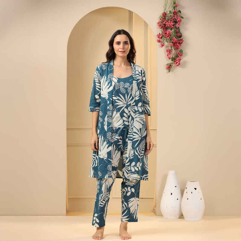 Sanskrutihomes Teal 3 Pieces Floral Printed Pure Cotton Night Suit | Teal - M