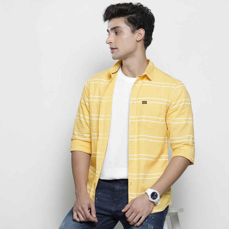 The Indian Garage Co Men's Slim Fit Striped Casual Shirt | Yellow - S The Indian Garage Co Men's Slim Fit Striped Casual Shirt | Yellow - S