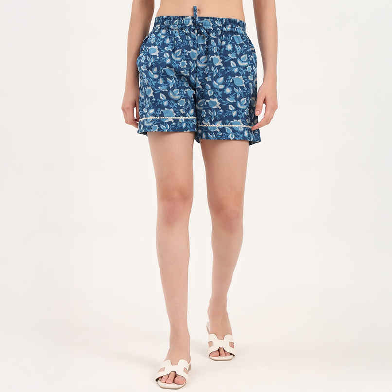 Divena Blue Floral Print Cotton Shorts for Women | DK0258 - M