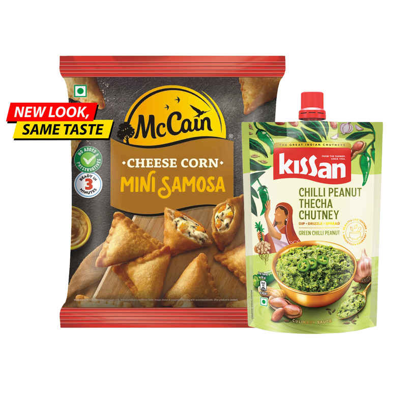 Mccain Cheese Pizza Mini Samosa | Crispy Snack (240g) & Kissan Chilli Peanut Thecha Chutney Doy (200g) Combo