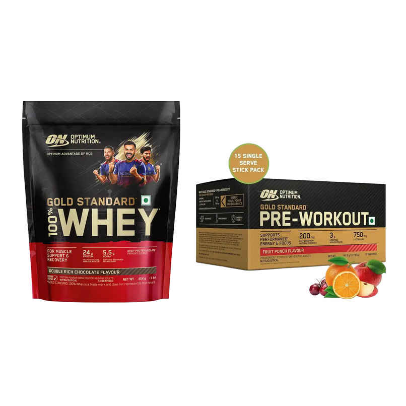 Optimum Nutrition (On) Pure Whey Gold Standard Powder Double Rich Chocolate1 Lb (454g) & Optimum Nutrition Pre-Workout Fruit Punch Flavour (142.5g) Combo Optimum Nutrition (On) Pure Whey Gold Standard Powder Double Rich Chocolate1 Lb (454g) & Optimum Nutrition Pre-Workout Fruit Punch Flavour (142.5g) Combo