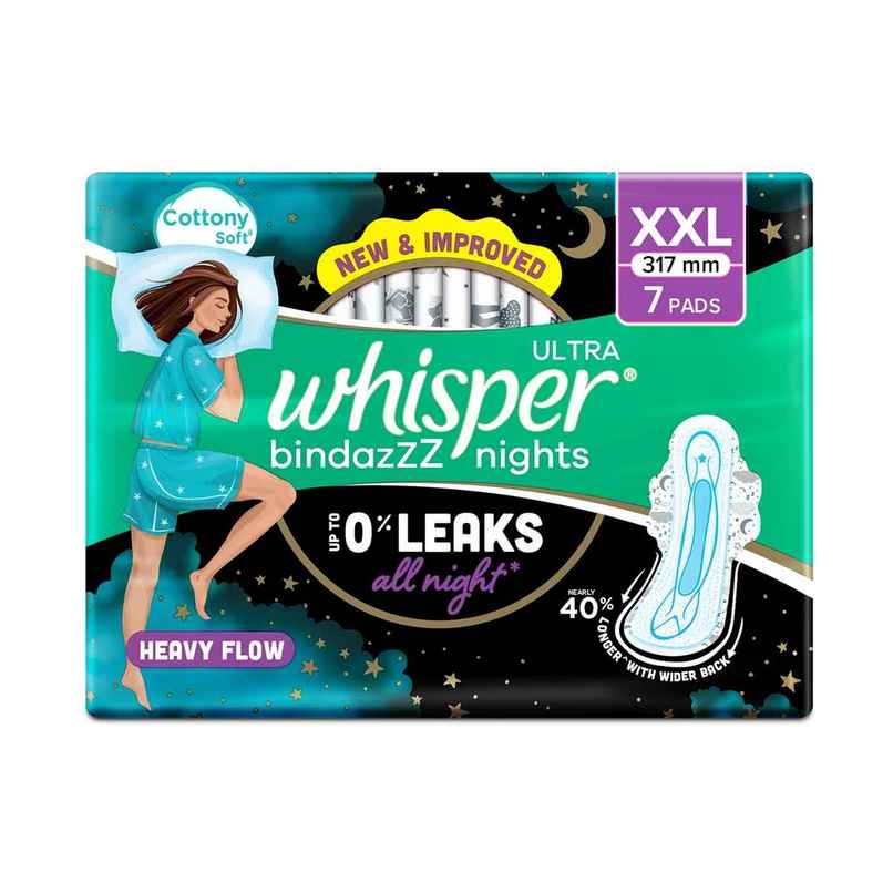 Whisper Bindazzz Nights XXL Sanitary Pads, Upto 0% Leaks All Night Long