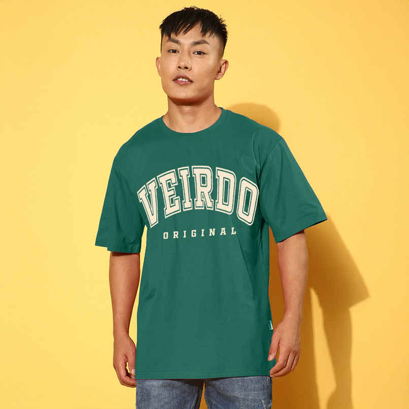 Veirdo Pure Cotton Oversized Fit Round Neck Green Printed T-Shirt For Men - XL
