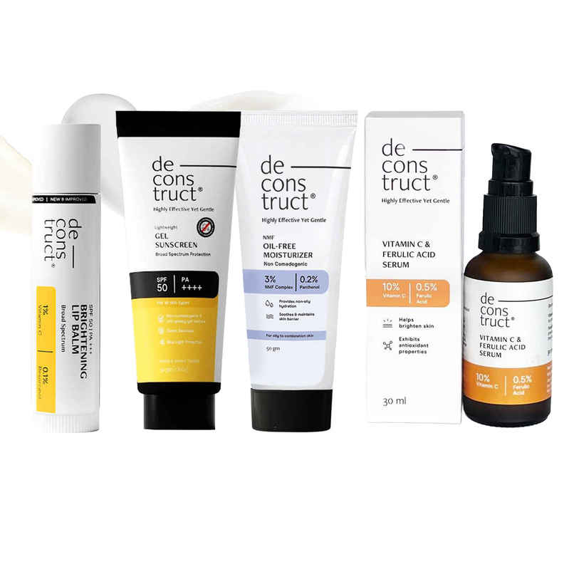Deconstruct Brightening Lip Balm Spf 50 | Vitamin C & Resorcinol | Moisturizes & Brightens (4g) & Deconstruct Gel Sunscreen Spf 55+ Pa+++ | In Vivo Tested | Matte, Lightweight & Airy, Non-Greasy (50g) & Deconstruct Oil-Free Moisturizer | Lightweight, Non-Sticky, Non-Comedogenic | For Oily Skin (50g) & Deconstruct 10% Vitamin C Serum For Oily Skin | Clinically Tested | 30 Ml (30ml) Combo Deconstruct Brightening Lip Balm Spf 50 | Vitamin C & Resorcinol | Moisturizes & Brightens (4g) & Deconstruct Gel Sunscreen Spf 55+ Pa+++ | In Vivo Tested | Matte, Lightweight & Airy, Non-Greasy (50g) & Deconstruct Oil-Free Moisturizer | Lightweight, Non-Sticky, Non-Comedogenic | For Oily Skin (50g) & Deconstruct 10% Vitamin C Serum For Oily Skin | Clinically Tested | 30 Ml (30ml) Combo
