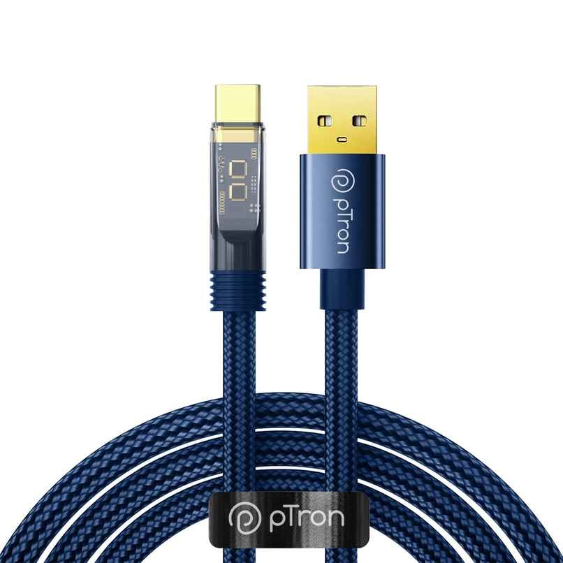 pTron Solero 65W USB to Type-C Fast Charging USB Cable Compatible with Samsung,OnePlus,Oppo,Vivo,Xiaomi,Realme & Other Type-C Devices, Unbreakable 1M Nylon Braid, 480Mbps Data Sync Speed - Blue