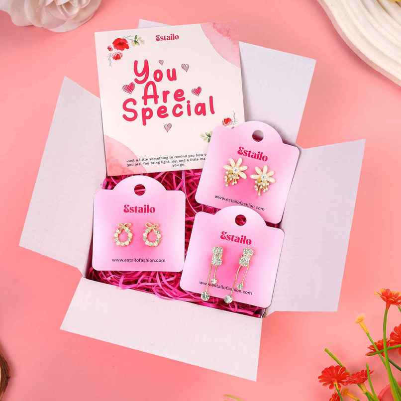 Estailo Fashion 3-Pair Earring Combo Pearl Drop, Party & Bow | Rakhi Gifts