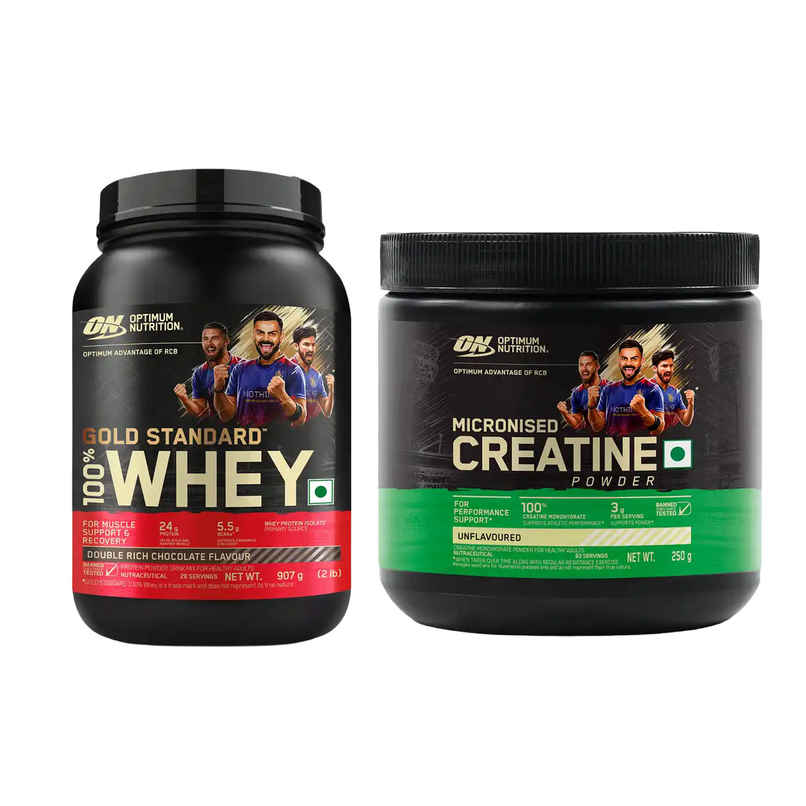 Optimum Nutrition (On) Pure Whey Gold Standard Powder Double Rich Chocolate 2 Lb (907g) & Optimum Nutrition Micronised Creatine Powder Unflavored (250g) Combo Optimum Nutrition (On) Pure Whey Gold Standard Powder Double Rich Chocolate 2 Lb (907g) & Optimum Nutrition Micronised Creatine Powder Unflavored (250g) Combo