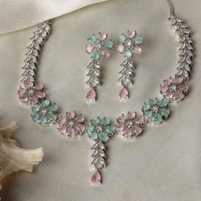 Zeneme Rhodium-Plated Pink & Green American Diamond Necklace Earrings Jewellery Set for Women Zeneme Rhodium-Plated Pink & Green American Diamond Necklace Earrings Jewellery Set for Women