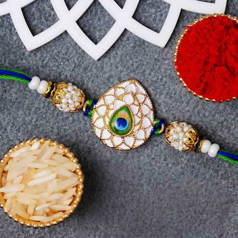 Peacock Feather Pearls Designer Rakhi for Brother, Bhai, and Bhaiya with Roli Chawal | Meenakari | Pack of 1 | Ecraftindia
