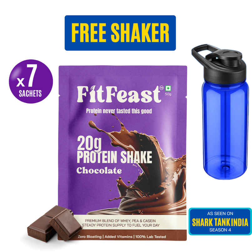 FitFeast Lab-Tested Chocolate 20g Protein Shake Sachets (7) + Free Shaker | Zero Bloating Guarantee