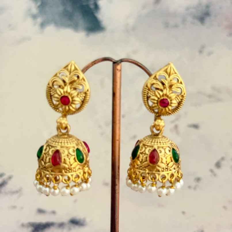 The Opal Factory Earrings Stone Studded Teardrop Motif Jhumki Earrings with Pearl Hangings | Gold The Opal Factory Earrings Stone Studded Teardrop Motif Jhumki Earrings with Pearl Hangings | Gold