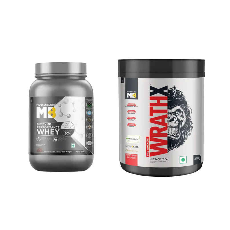 Muscleblaze Biozyme Performance Whey Protein Powder (Rich Chocolate) (1kg) & Muscleblaze Pre Workout Wrathx, | Fruit Fury, 20 Servings (340g) Combo Muscleblaze Biozyme Performance Whey Protein Powder (Rich Chocolate) (1kg) & Muscleblaze Pre Workout Wrathx, | Fruit Fury, 20 Servings (340g) Combo