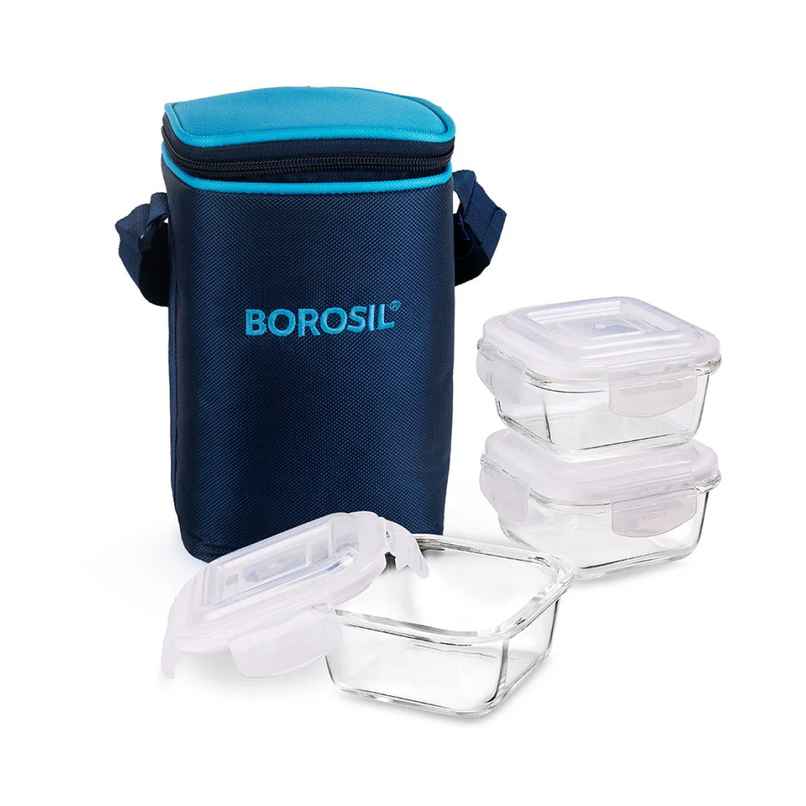 Borosil Alfa Lunchbox | 3 Pcs Glass Set | 320 ml x 3 Square