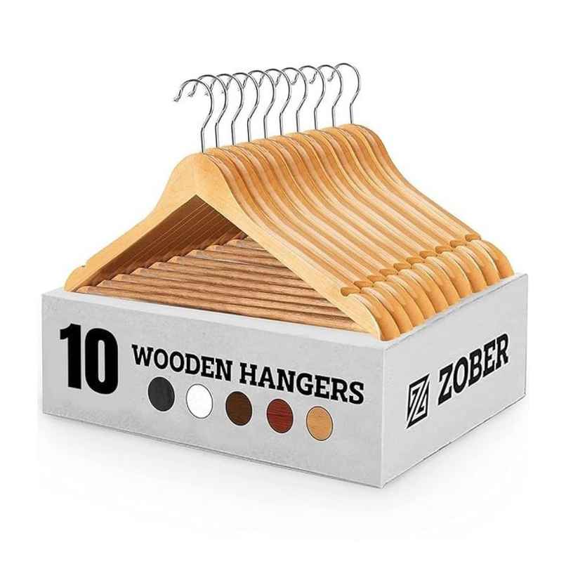 Zober Wooden Suit Hangers Pack-10 With Non Slip Pants Bar | 360 Swivel Hook Zober Wooden Suit Hangers Pack-10 With Non Slip Pants Bar | 360 Swivel Hook