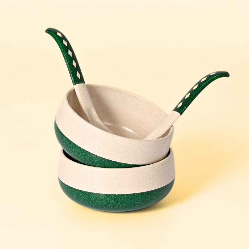 Eha Earth Friendly Small Soup Bowls & Spoons | 250 ml, 2 pcs, Fern | Rice Husk Biocomposite