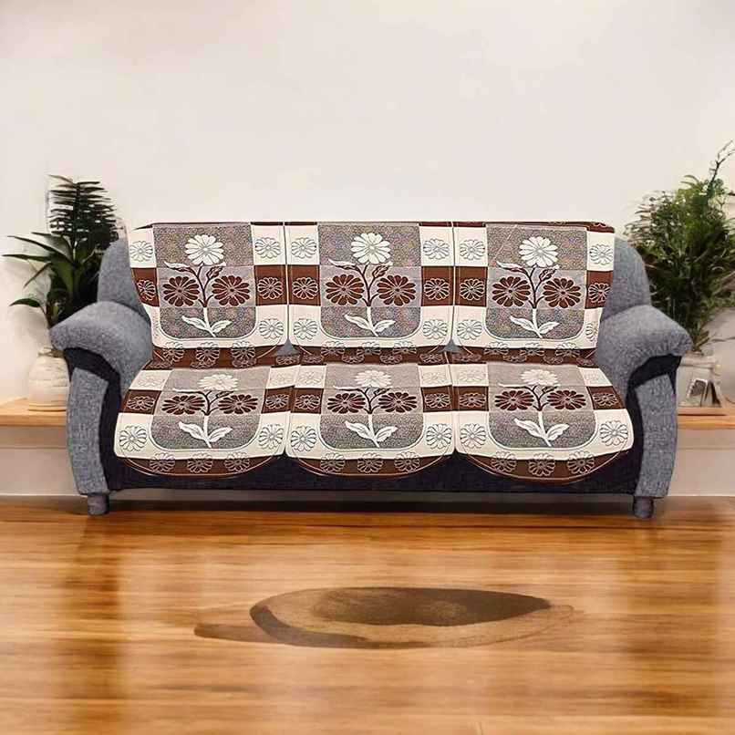 Kuber Industries Pack of 2 Premium Cotton Flower Design Cotton 3 Seater Sofa Cover Set | Brown Kuber Industries Pack of 2 Premium Cotton Flower Design Cotton 3 Seater Sofa Cover Set | Brown