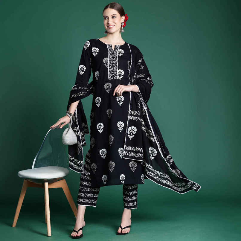 Indo Era Printed Straight Kurta Pant With Dupatta Set | Black - L Indo Era Printed Straight Kurta Pant With Dupatta Set | Black - L