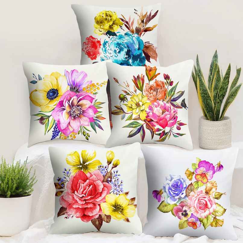 Story@Home Red & Blue Floral Polyester 5 Units of Helio Cushion Covers