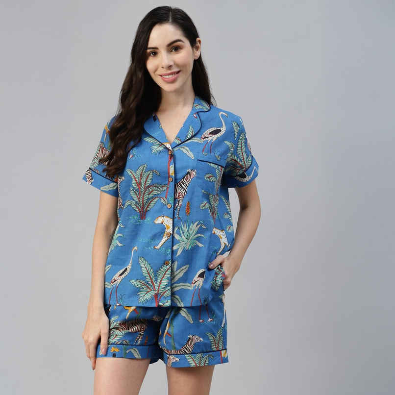 Divena Cotton Quirky Print Women's Night Suit | DK0216 | Teal Blue - L