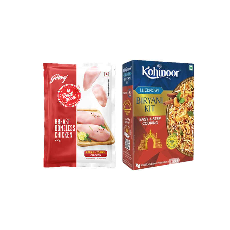 Godrej Chicken Breast Boneless (Freshly Frozen) (450g) & Kohinoor Ready To Cook Hyderabadi Biryani Kit (333g) Combo