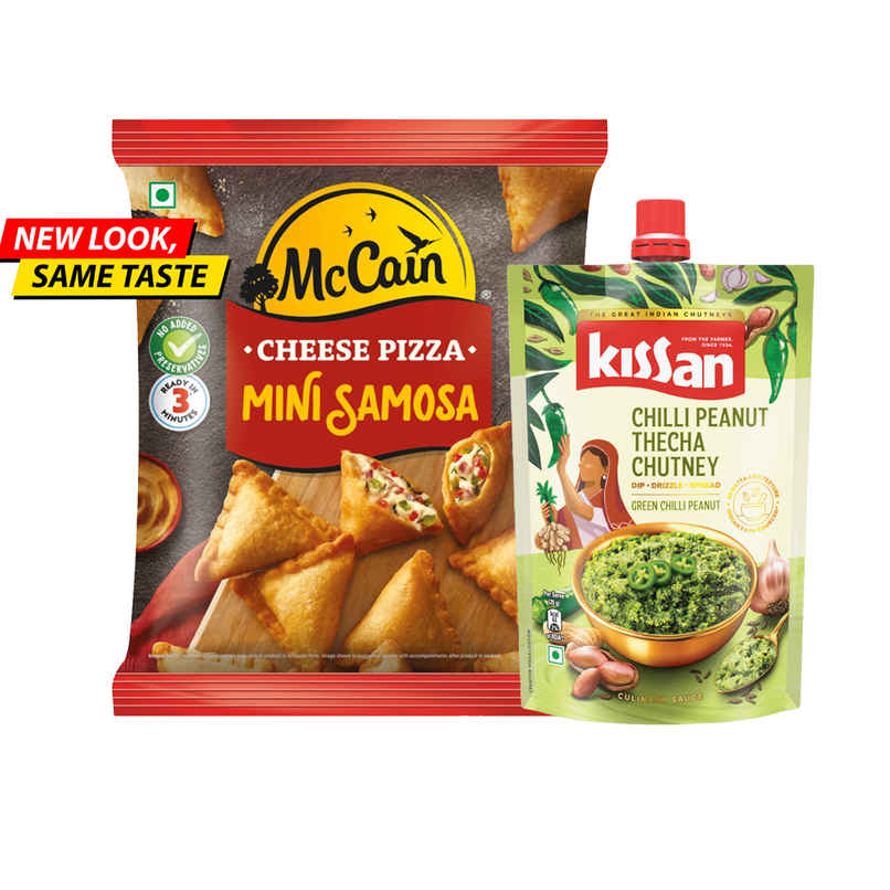 Mccain Cheese Pizza Mini Samosa | Crispy Snack (240g) & Kissan Chatpati Hari Chutney Doy (200g) Combo