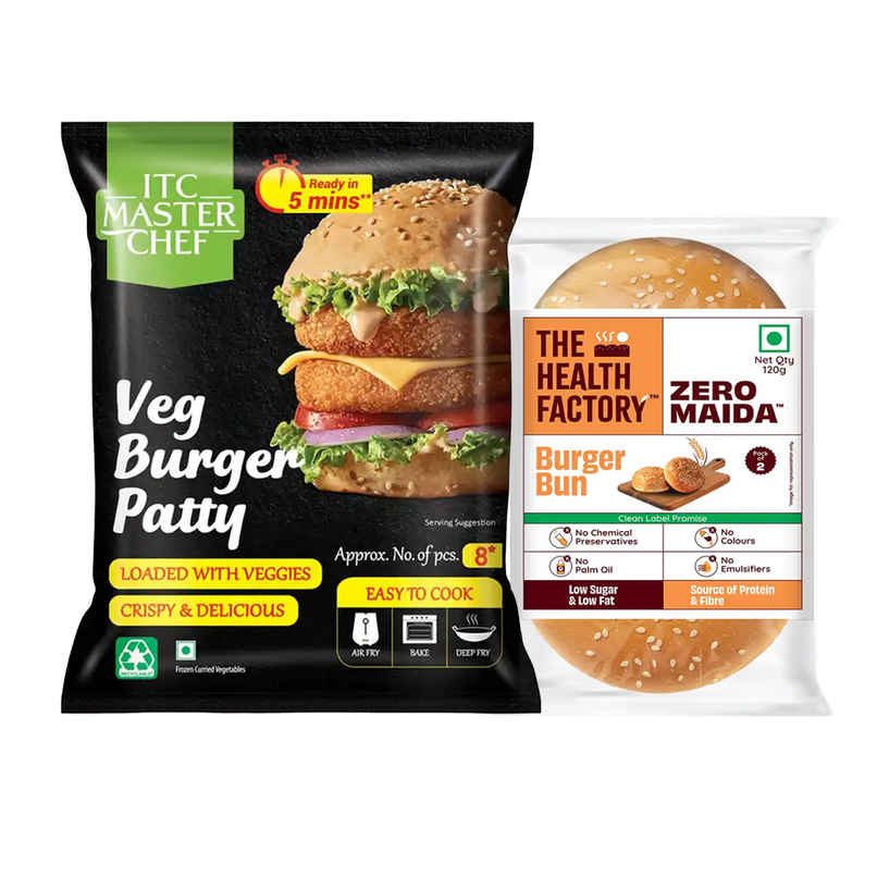 Itc Master Chef Veg Burger Patty | Loaded With Veggies | Crispy & Delicious | 8 Pieces (430g) & The Health Factory Zero Maida Burger Bun | Clean Label - Not Brown (120g) Combo Itc Master Chef Veg Burger Patty | Loaded With Veggies | Crispy & Delicious | 8 Pieces (430g) & The Health Factory Zero Maida Burger Bun | Clean Label - Not Brown (120g) Combo
