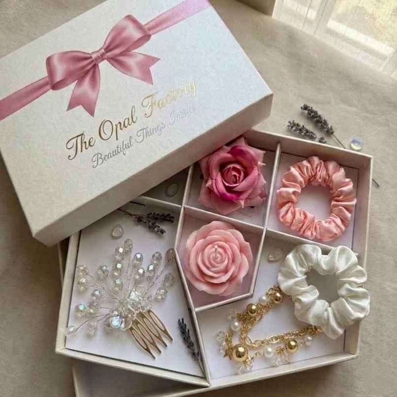 The Opal Factory Gift Box | Hair Comb, Scrunchies, Bracelet, Hair Pin And Rose Fragrance Candle The Opal Factory Gift Box | Hair Comb, Scrunchies, Bracelet, Hair Pin And Rose Fragrance Candle